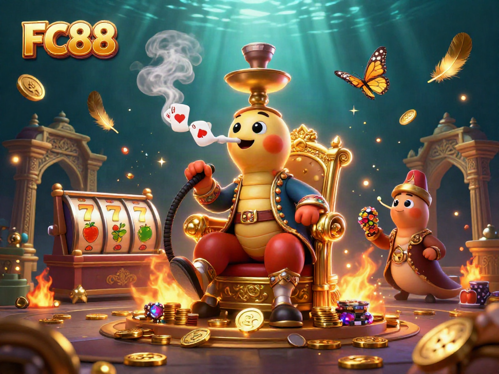Join the excitement at FC88 with dynamic slot reels, golden coins, and a vibrant gaming atmosphere.