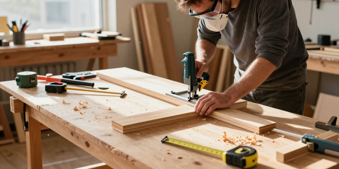 Craftsman using a hand mitre saw to cut wood in a bright workshop.