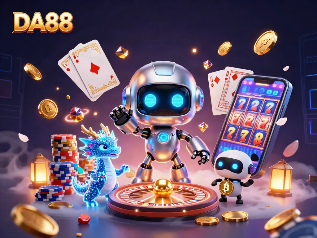 Play DA88 and win with exciting 3D casino elements including robots and golden coins.