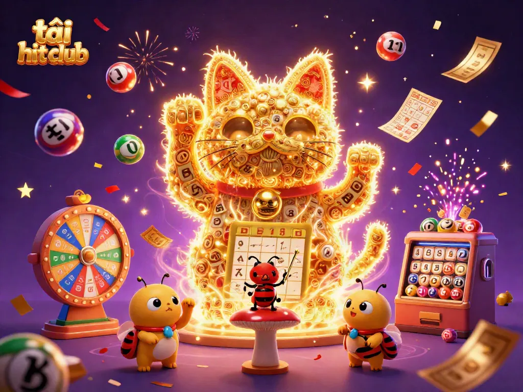 Play exciting lottery games and tải hit club with a vibrant lucky cat illustration.
