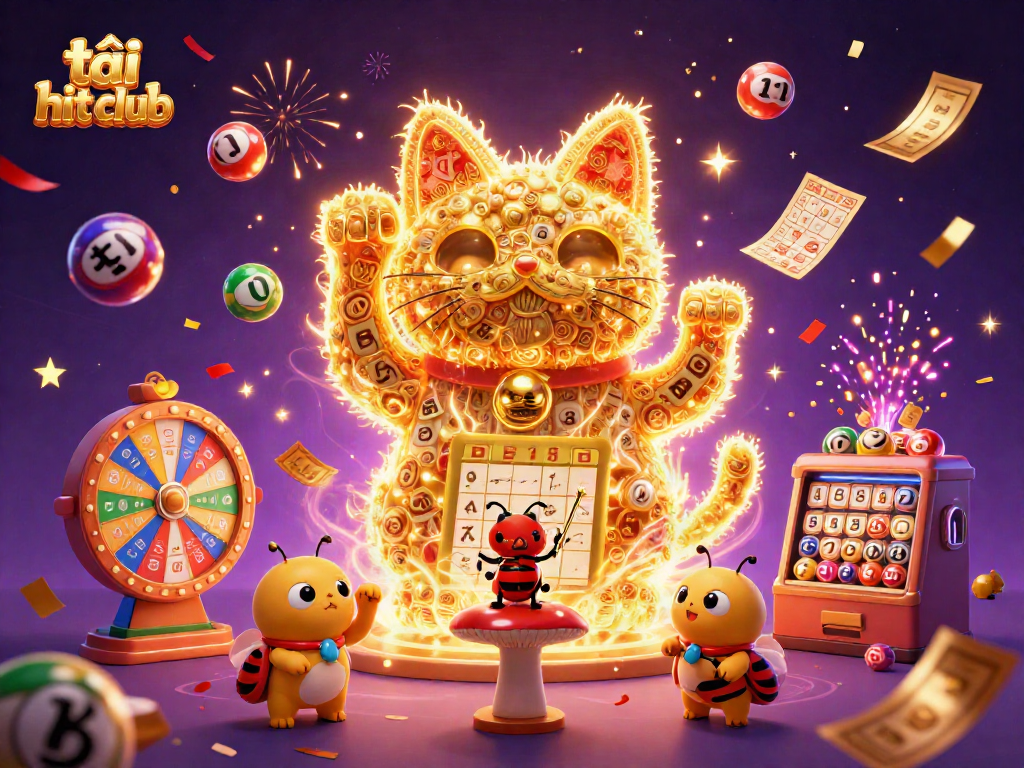 Play exciting lottery games and tải hit club with a vibrant lucky cat illustration.