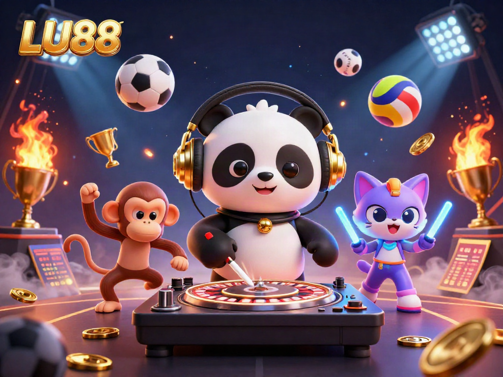 LU88 showcases a vibrant casino scene with a DJ panda, breakdancing monkey, and a glow-stick kitten.