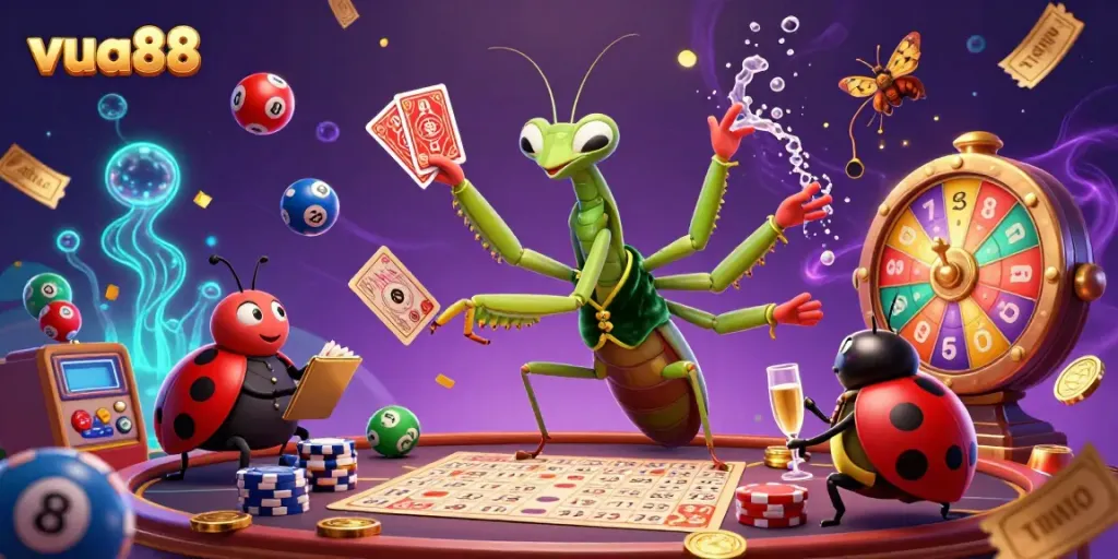 Experience the vibrant energy of vua88 with a lively illustration featuring a card sharp mantis and a ladybug pit boss in a colorful lottery scene.