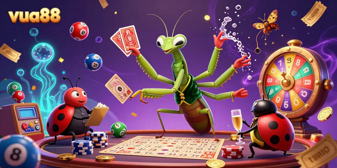 Experience the vibrant energy of vua88 with a lively illustration featuring a card sharp mantis and a ladybug pit boss in a colorful lottery scene.