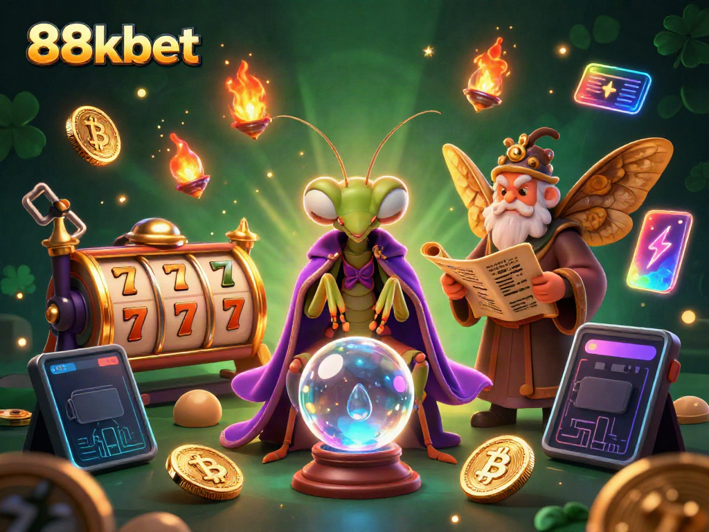 Experience the thrill of 88kbet with vibrant slot reels and mystical fortune telling in a detailed 3D illustration.