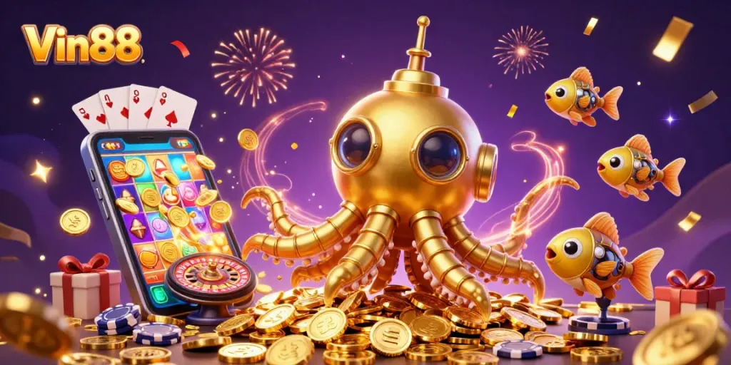 Spin the slots with Vin88 in this vibrant and dynamic casino scene featuring gold coins and games.