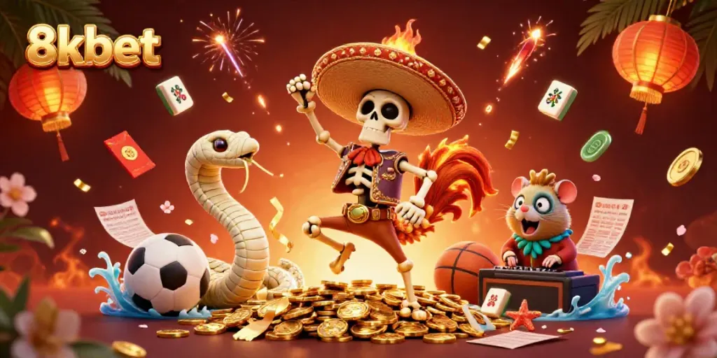 Engage with 8xbet's vibrant gambling scene featuring a mariachi rooster celebrating amidst sports betting elements.