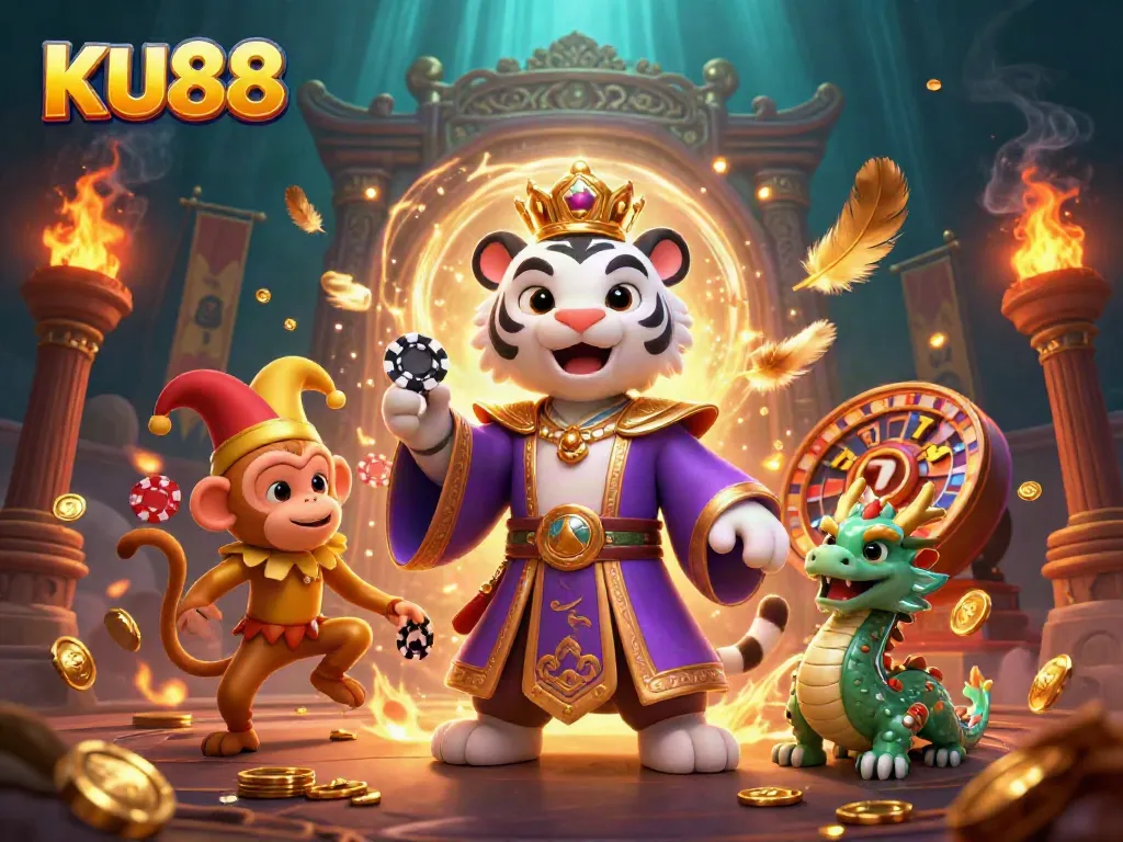 Play the dynamic slots at KU88 with an elegant white tiger, playful monkey, and jade dragon.
