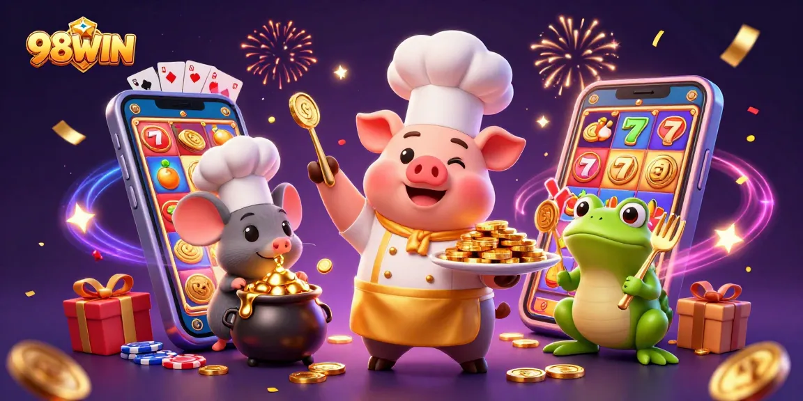 Engage with 98WIN's vibrant casino scene featuring gourmet gold coins and lively characters.