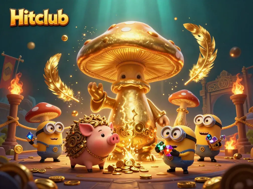 Experience the excitement at Hitclub with a magical 3D wizard and treasure-hunting pig illustration.