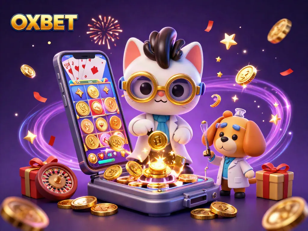 Experience the excitement of OXBET with dynamic casino elements in a vibrant 3D illustration.