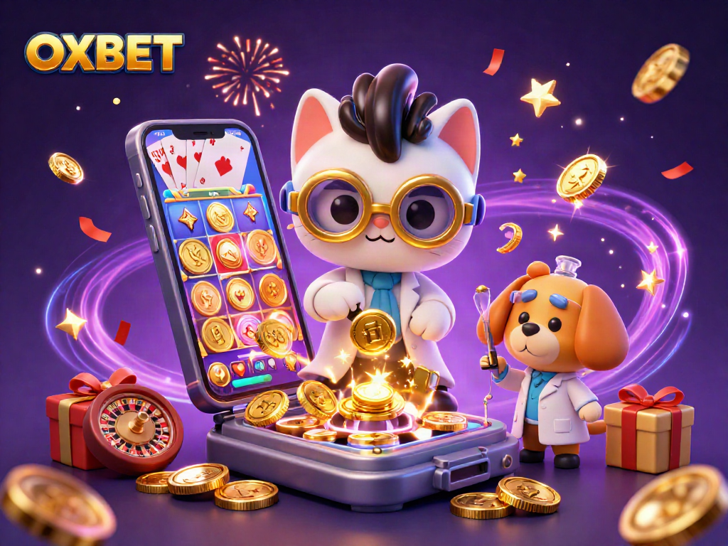 Experience the excitement of OXBET with dynamic casino elements in a vibrant 3D illustration.
