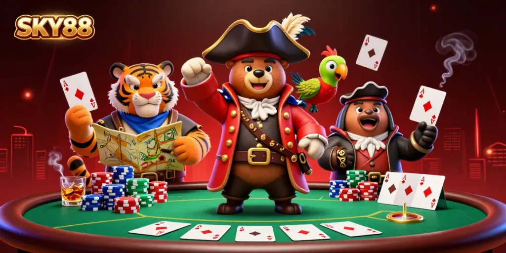 Experience gaming excitement with SKY88 as pirate characters play poker amidst vibrant casino elements.