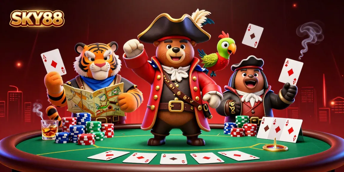 Experience gaming excitement with SKY88 as pirate characters play poker amidst vibrant casino elements.