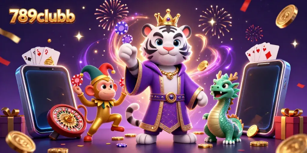 Engage with the vibrant world of 789clubb as a playful golden monkey juggles poker chips amidst a majestic setting of rich colors and dynamic gaming elements.