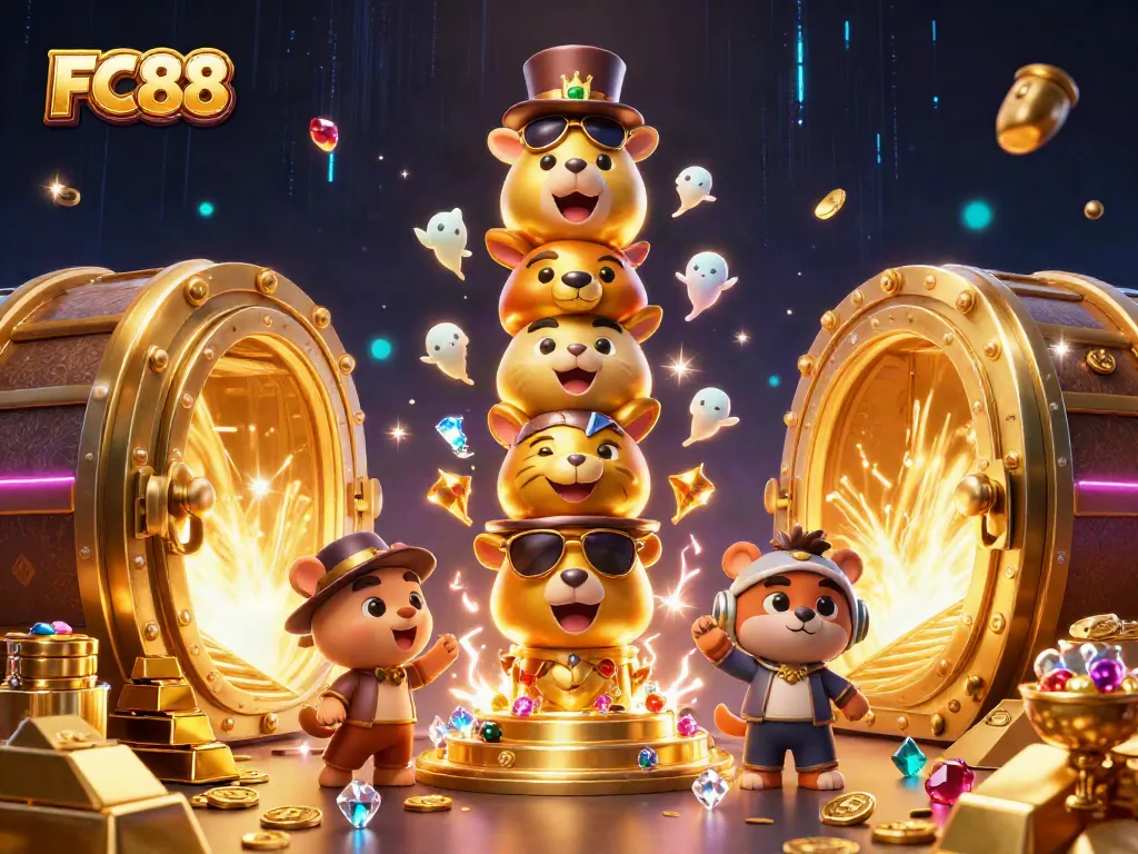 Experience thrilling gameplay at FC88 with a lively 3D illustration of a golden casino totem and treasures.