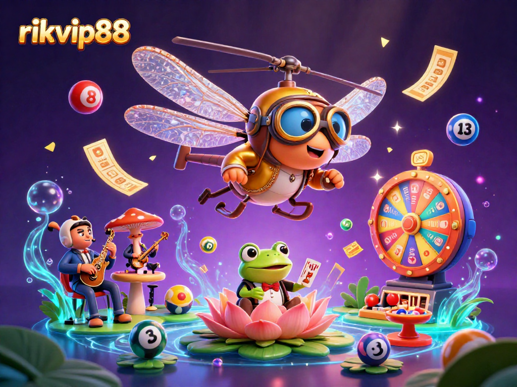 Engage with rikvip88 at the lily pad casino featuring a whimsical dragonfly pilot, frog croupier, and jazz musicians.