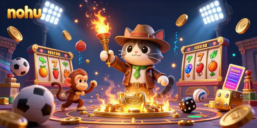 Nohu's vibrant online casino scene featuring an archaeologist cat and a monkey with dynamic gambling elements.