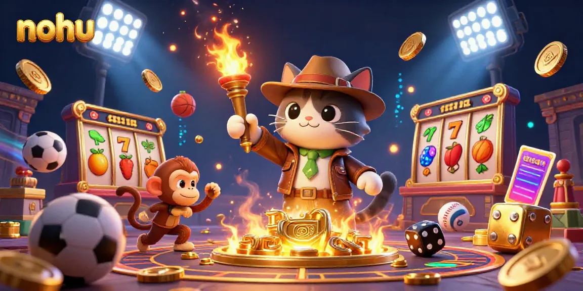 Nohu's vibrant online casino scene featuring an archaeologist cat and a monkey with dynamic gambling elements.