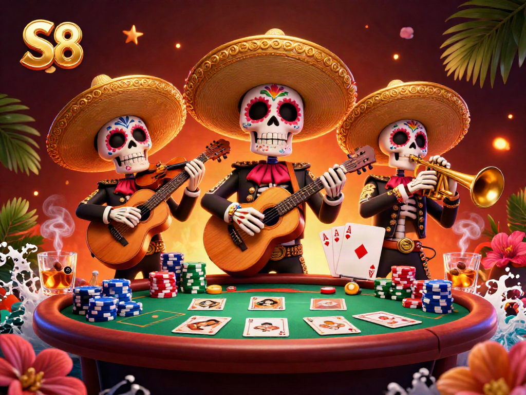 Experience vibrant S8 gaming action with Dia de los Muertos mariachi musicians at a busy poker table.
