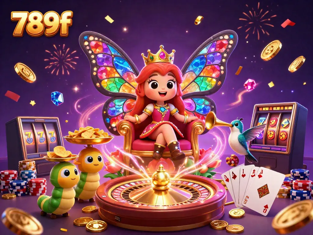Experience the vibrant world of 789f with a whimsical casino scene featuring a butterfly queen and dazzling elements of chance.