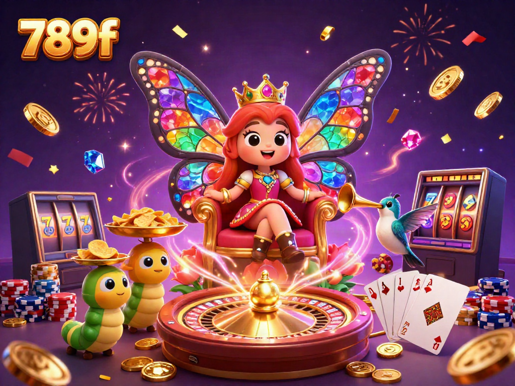 Experience the vibrant world of 789f with a whimsical casino scene featuring a butterfly queen and dazzling elements of chance.