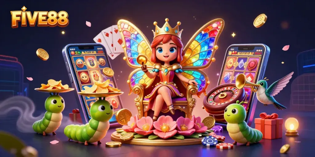 Engage with FIVE88, where a butterfly queen and vibrant casino elements converge in this colorful illustration.