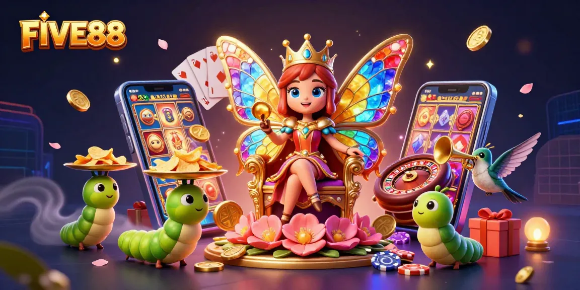 Engage with FIVE88, where a butterfly queen and vibrant casino elements converge in this colorful illustration.