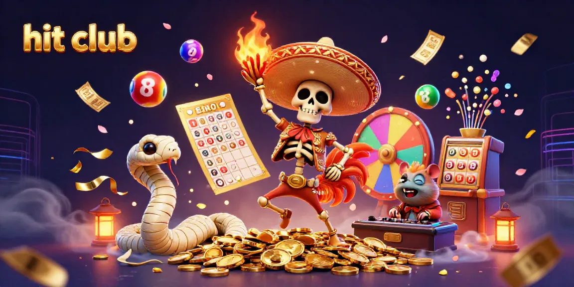 Experience vibrant gaming fun with hit club's animated celebration, featuring colorful lottery elements.