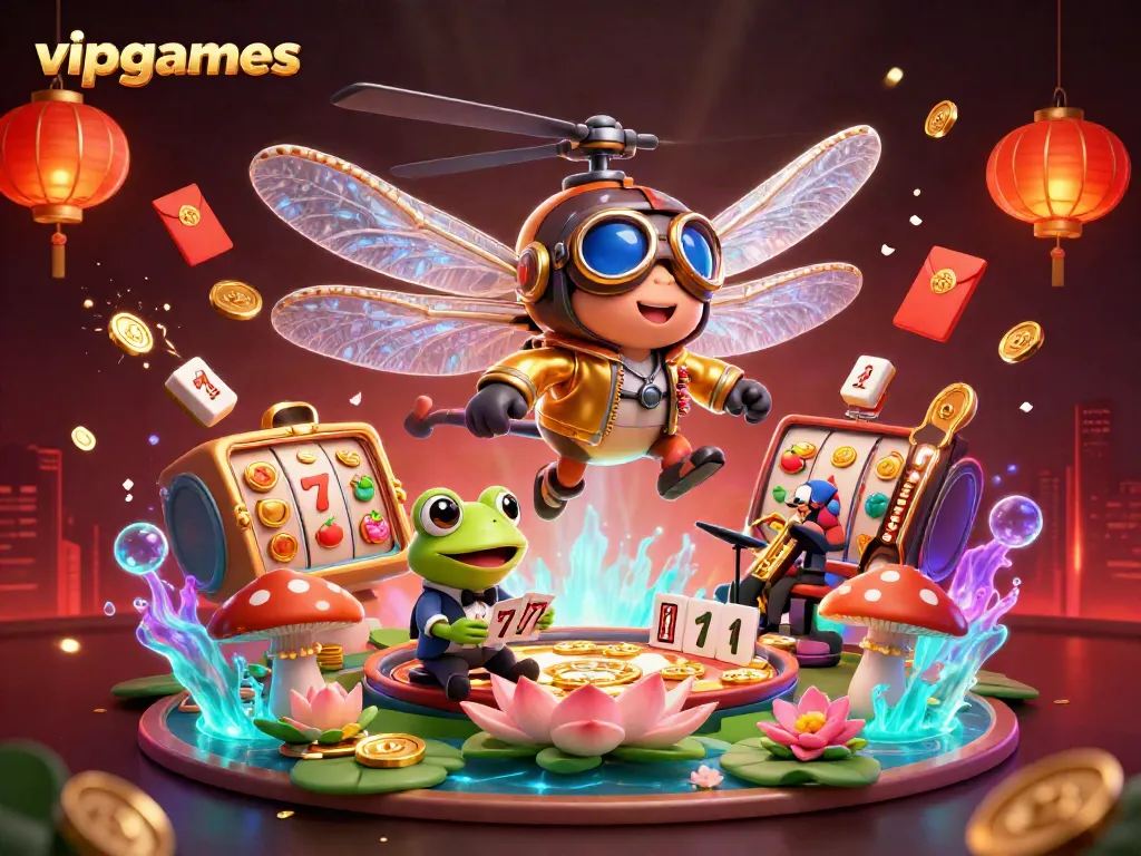 Experience thrilling action at vipgames with a lively casino scene featuring a dragonfly pilot and a frog croupier.