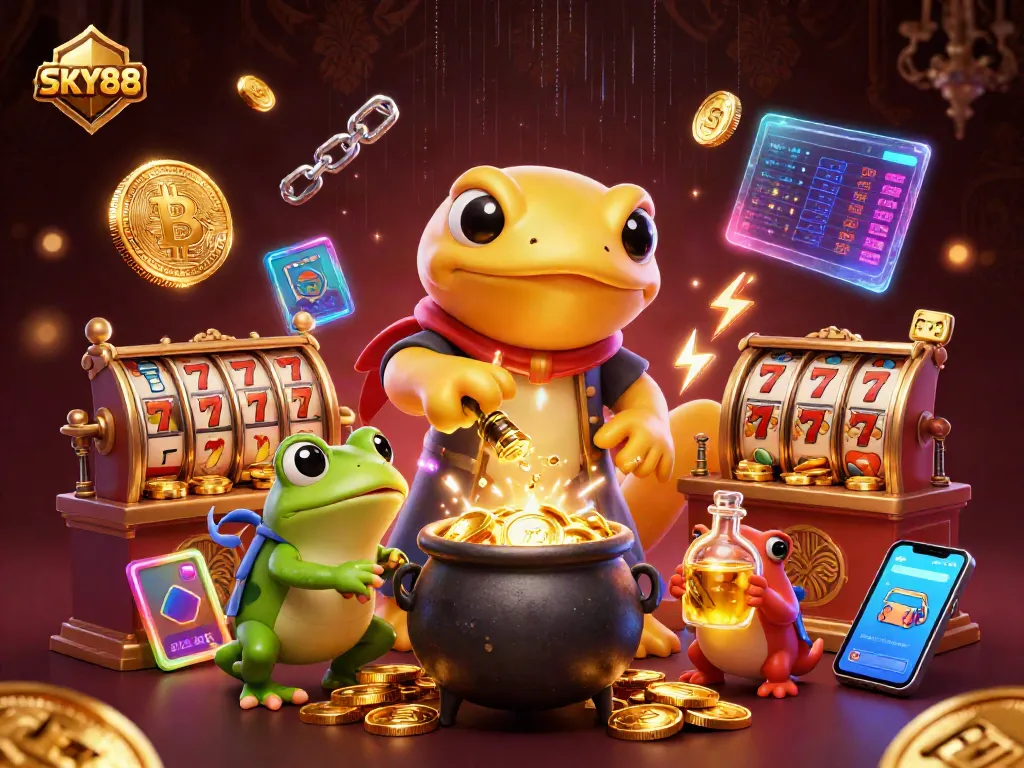Experience SKY88's captivating slot action with vibrant casino elements and alchemical magic
