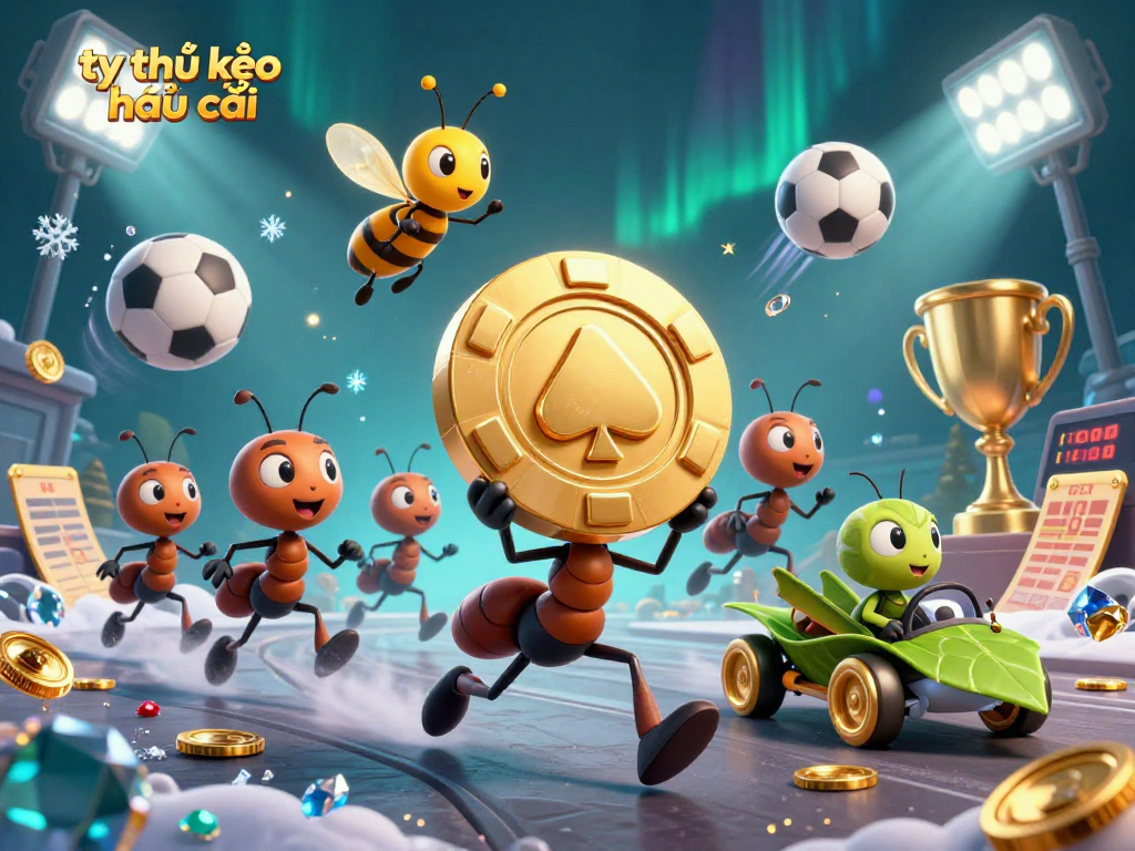 Engaged ants successfully carrying a giant poker chip symbolizing tỷ lệ kèo nhà cái in a vibrant casino escape scene.