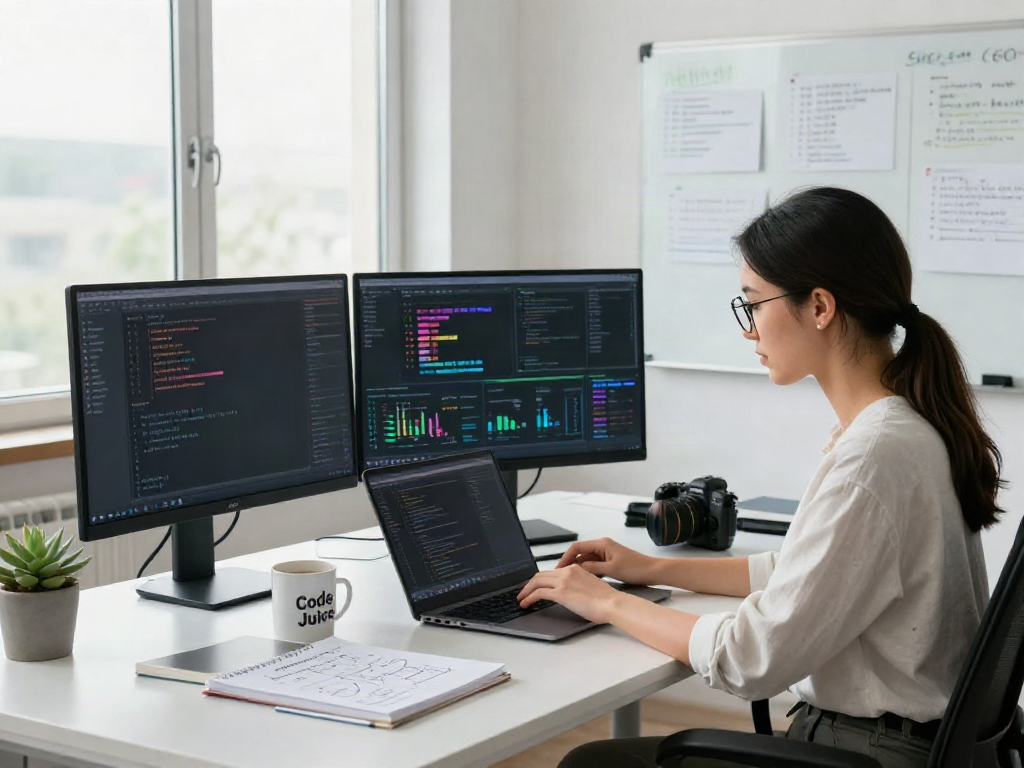 A software developer coding in a modern office showcasing instant indexing dashboards on monitors.