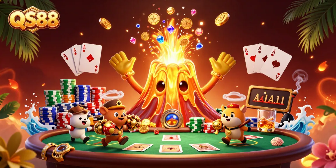 Join the excitement at QS88 as a golden volcano rains treasure amidst a bustling poker scene.