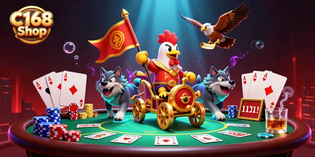 Experience winning action at C168 Shop featuring a rooster warlord and poker elements.