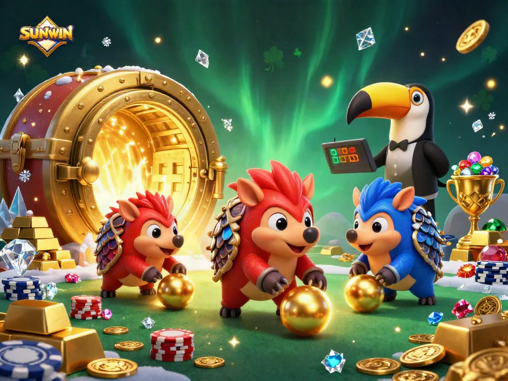 SUNWIN pangolins compete in an exciting casino scene with poker chips and gold treasures
