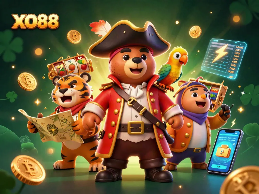 Spin slots and win big at XO88 with a treasure-hunting pirate bear leading the adventure.