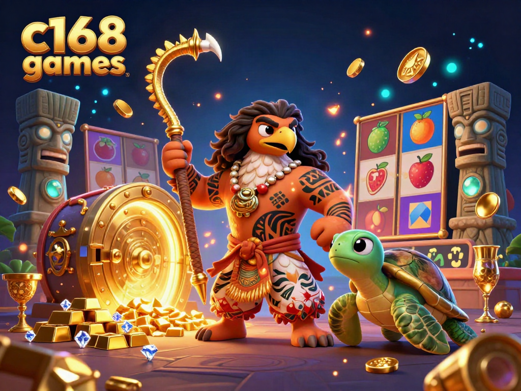 C168 games showcases a vibrant casino scene with a Polynesian demigod and treasures, highlighting gaming excitement.