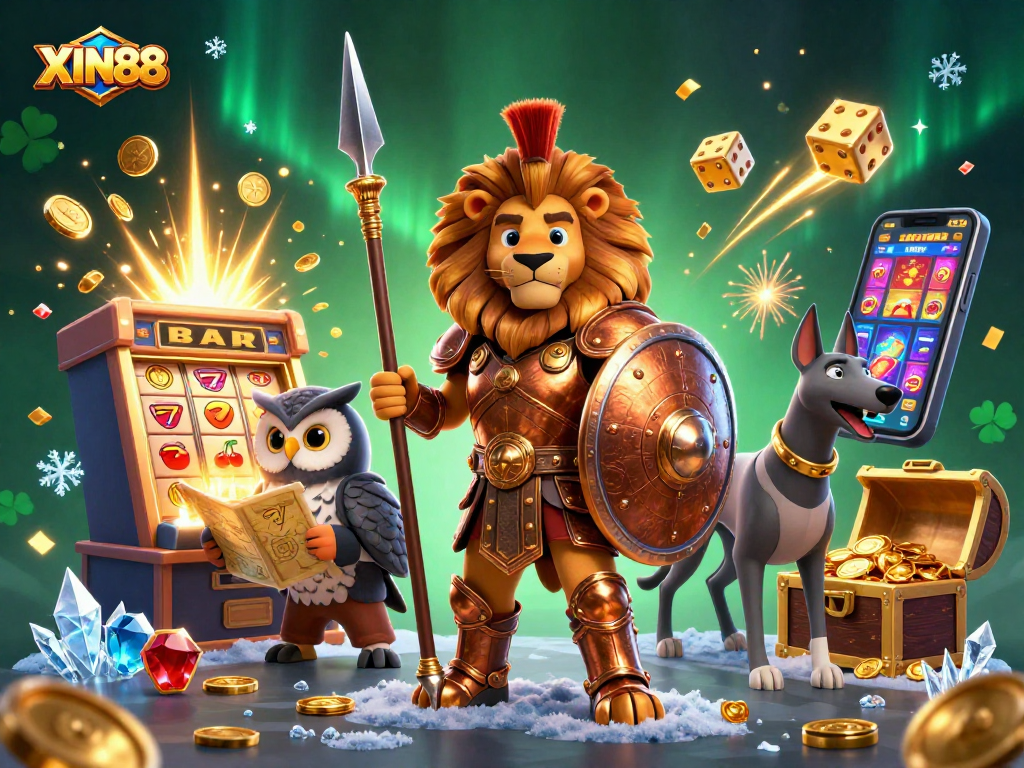 Join the adventure with XIN88 as a Spartan lion, wise owl, and swift greyhound celebrate casino wins.