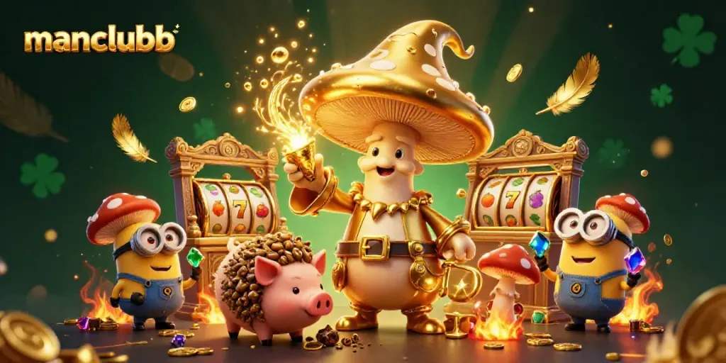 Experience the magic of manclubb with a golden mushroom wizard casting spells in a vibrant casino setting.