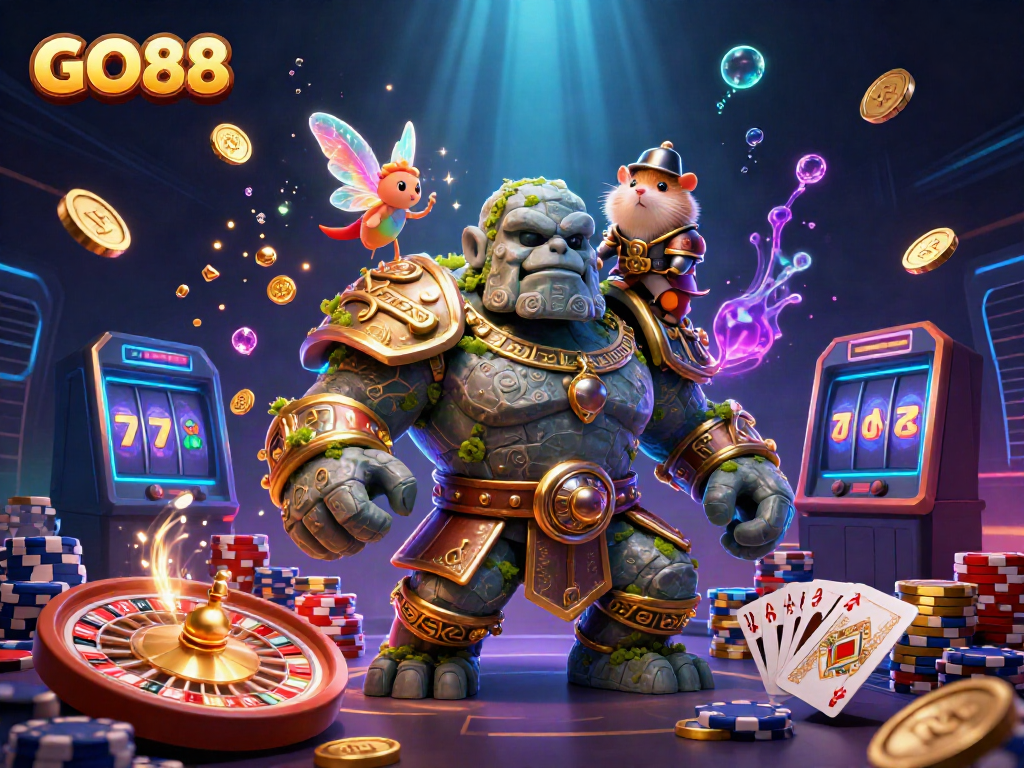 Engage with GO88's enchanting casino adventure featuring a lively stone golem, fairy, and hamster knight.