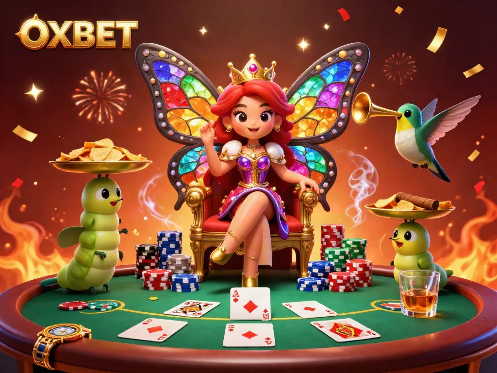 Experience the charm of OXBET with a vibrant casino scene featuring a butterfly queen, poker elements, and festive decorations.