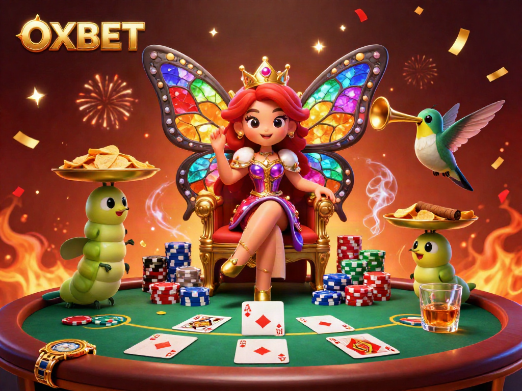 Experience the charm of OXBET with a vibrant casino scene featuring a butterfly queen, poker elements, and festive decorations.