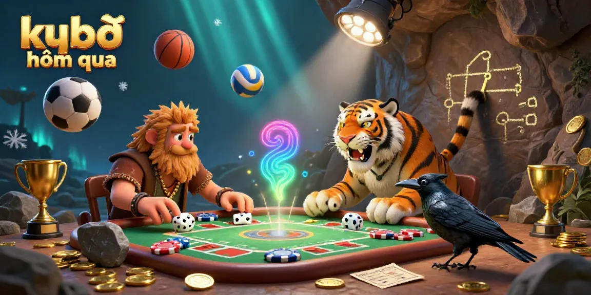 Experience kqbđ hôm qua in action with a dynamic prehistoric casino scene featuring a caveman, sabertooth tiger, and a clever crow.