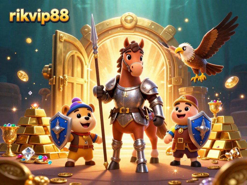 Engage your luck with rikvip88 at a vibrant online casino illustrating characters and treasures.