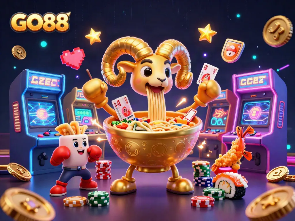 Experience the excitement of GO88 with a lively 3D illustration showcasing a playful casino theme.
