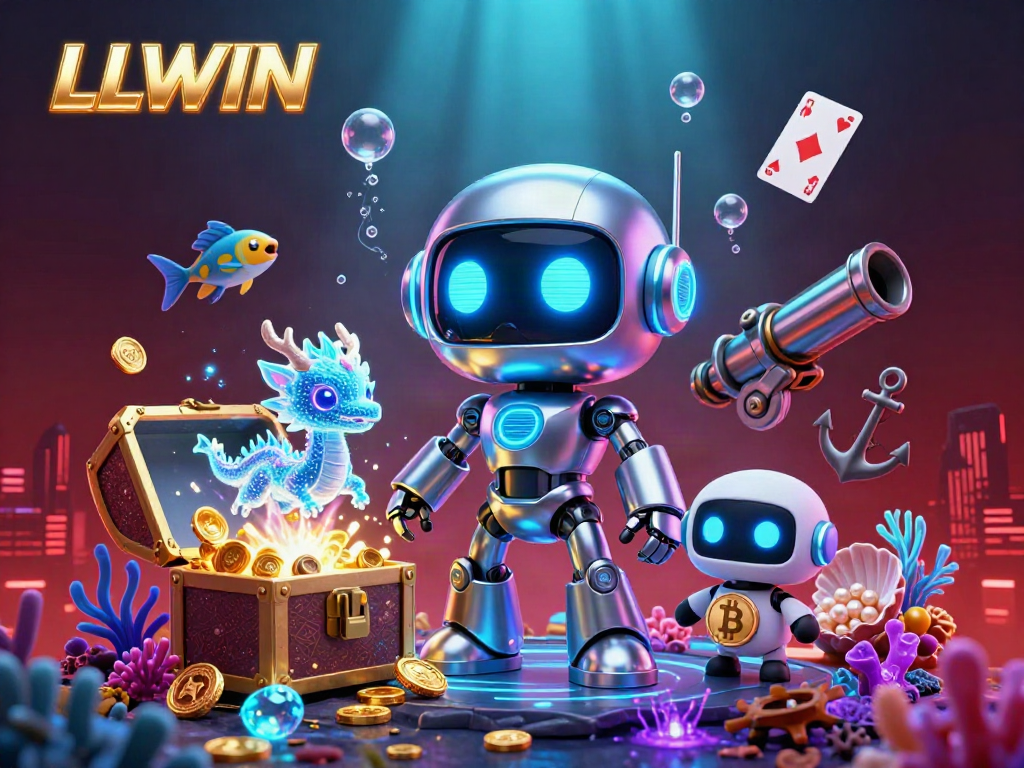 Join the action at LLWIN with a futuristic 3D scene showcasing a robot mascot and AI companions amidst dazzling casino elements.
