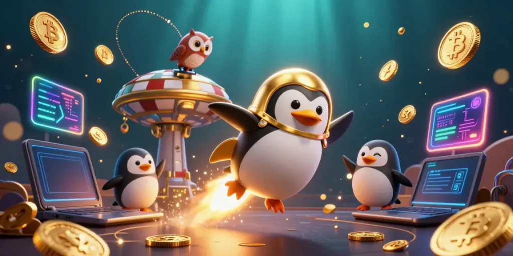 Engage in thrilling gameplay with SUNWIN in a vibrant space scene featuring a golden penguin and rich casino symbols.