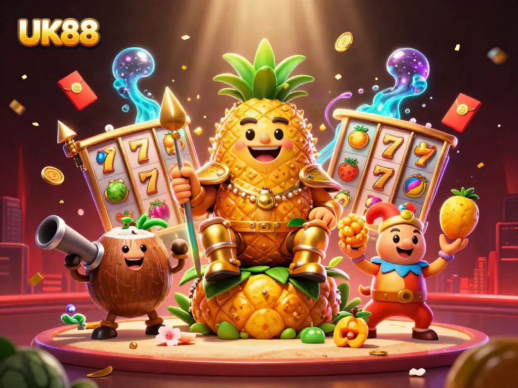 Experience UK88's vibrant casino atmosphere with a golden pineapple king and dynamic elements.