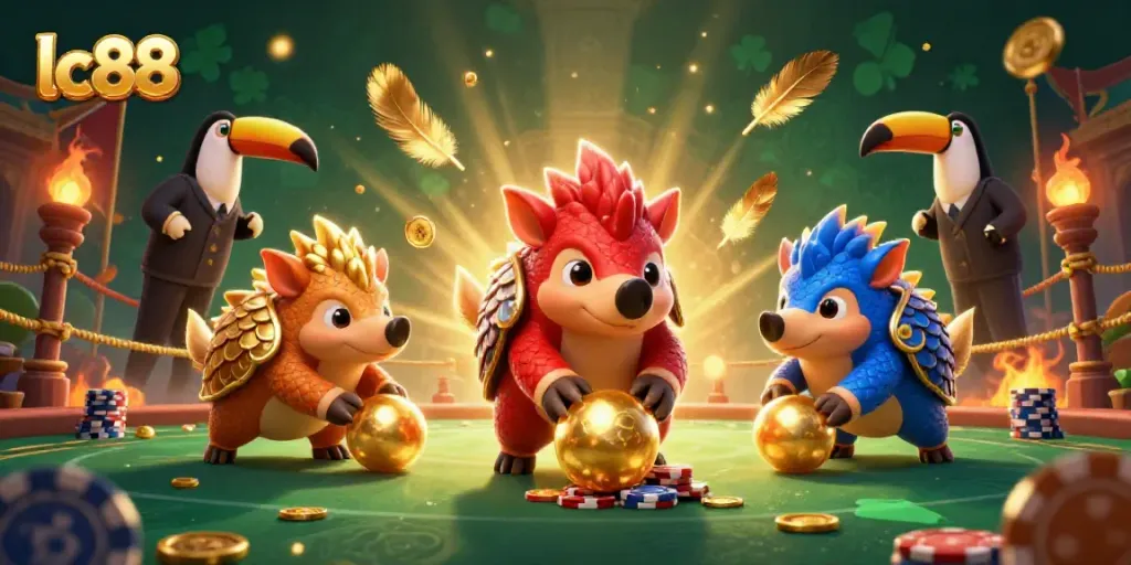 Experience thrilling action with lc88 as rival pangolins roll golden balls in a vibrant casino scene.